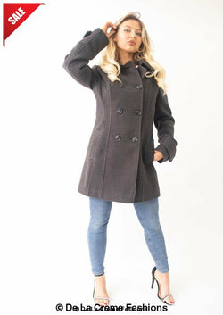 Womens Wool Feel Double Breasted Hooded Coat