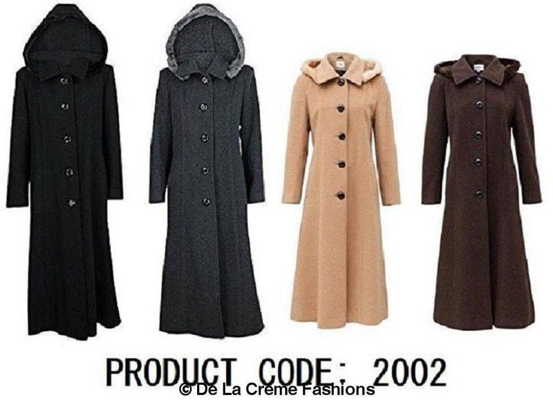 Wool Blend Faux Fur Trim Hooded Long Coat