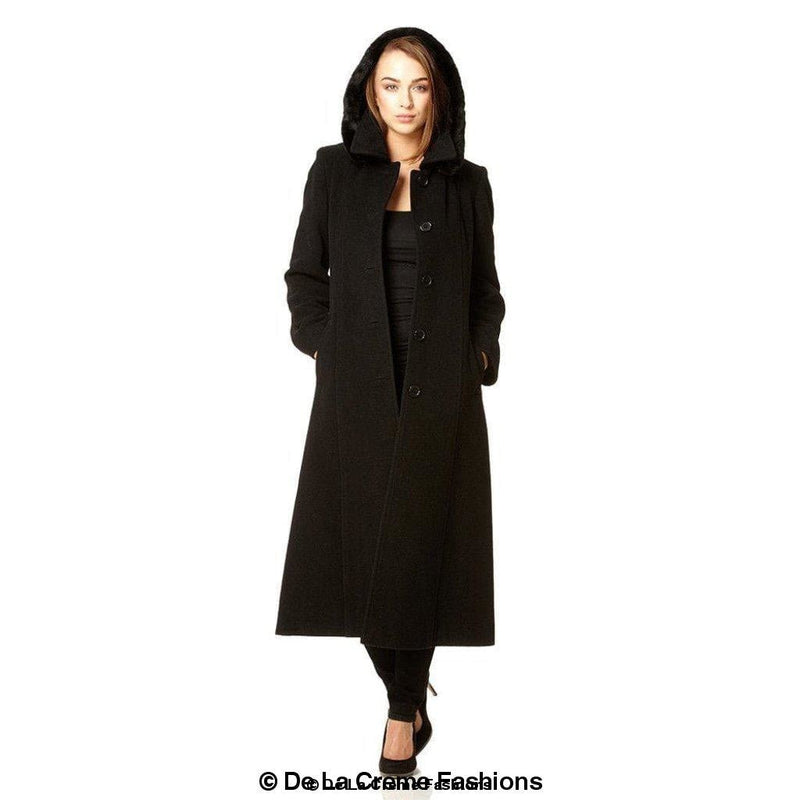 Wool Blend Faux Fur Trim Hooded Long Coat