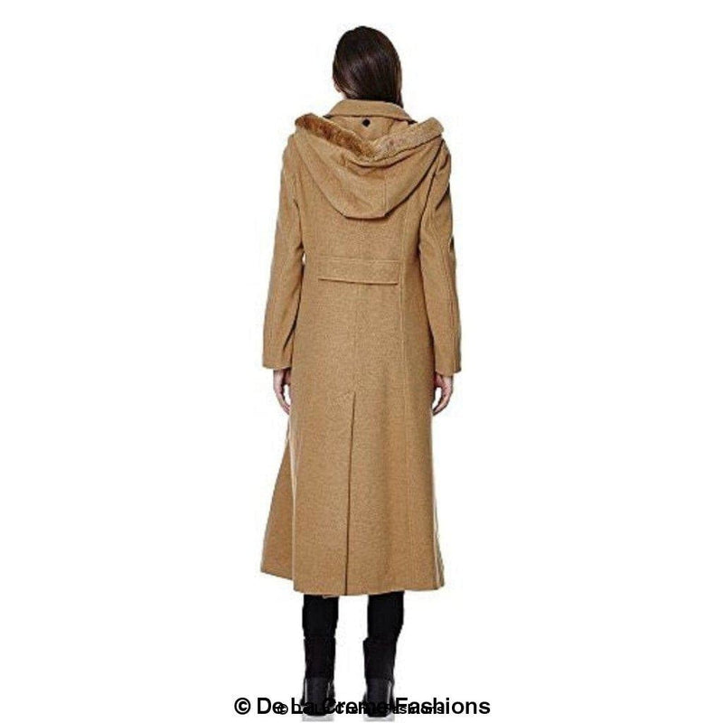 Wool Blend Faux Fur Trim Hooded Long Coat