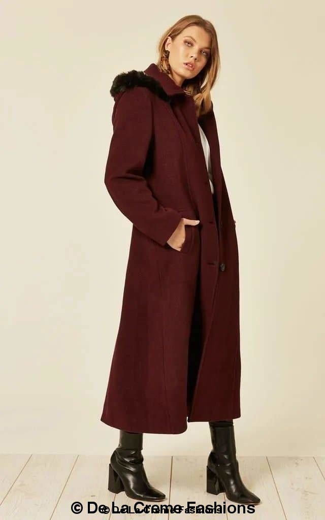 Wool Blend Faux Fur Trim Hooded Long Coat