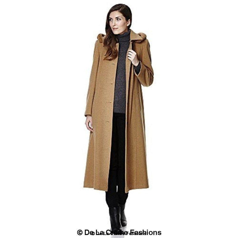 Wool Blend Faux Fur Trim Hooded Long Coat