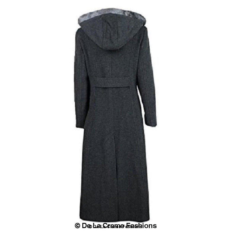 Wool Blend Faux Fur Trim Hooded Long Coat