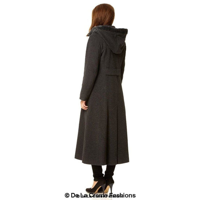 Wool Blend Faux Fur Trim Hooded Long Coat