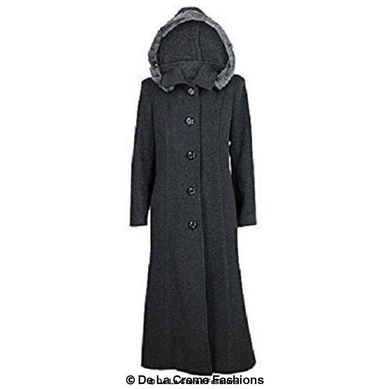 Wool Blend Faux Fur Trim Hooded Long Coat