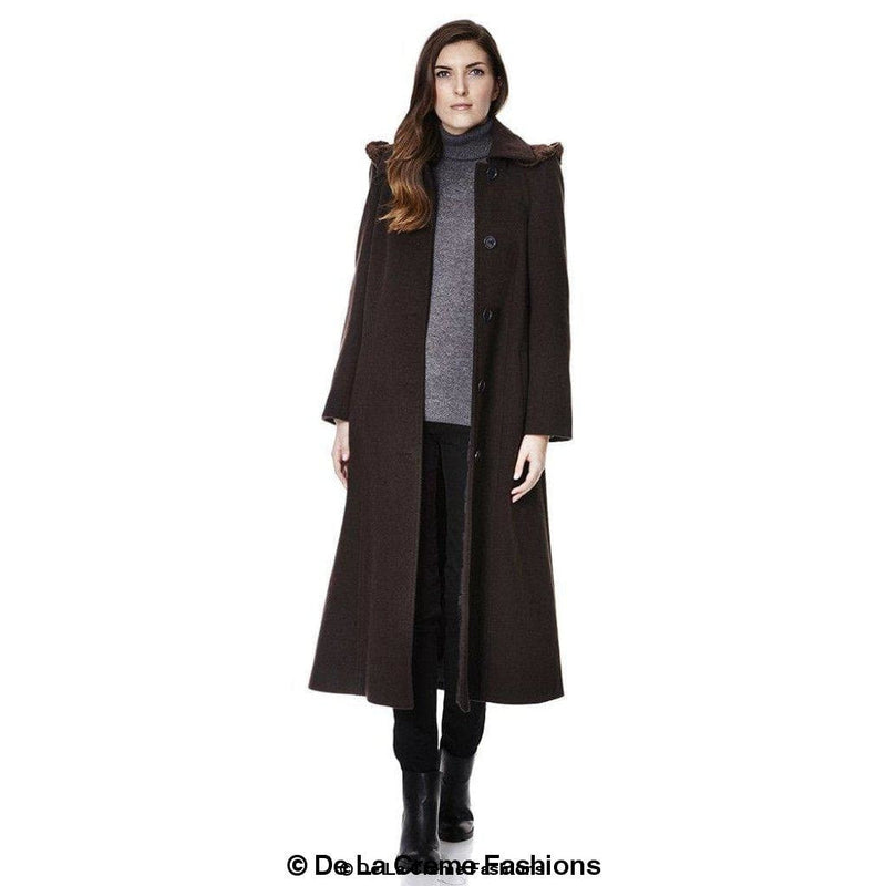 Wool Blend Faux Fur Trim Hooded Long Coat