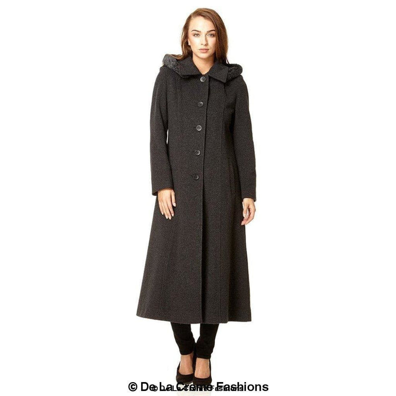 Wool Blend Faux Fur Trim Hooded Long Coat