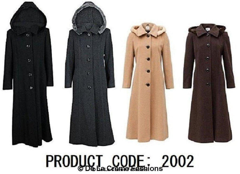 Wool Blend Faux Fur Trim Hooded Long Coat