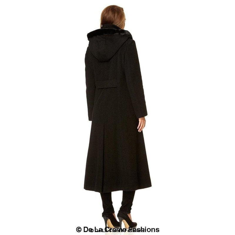 Wool Blend Faux Fur Trim Hooded Long Coat