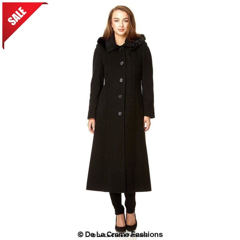 Wool Blend Faux Fur Trim Hooded Long Coat