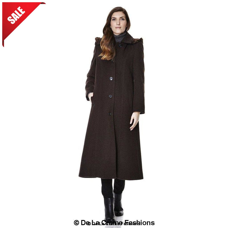 Wool Blend Faux Fur Trim Hooded Long Coat