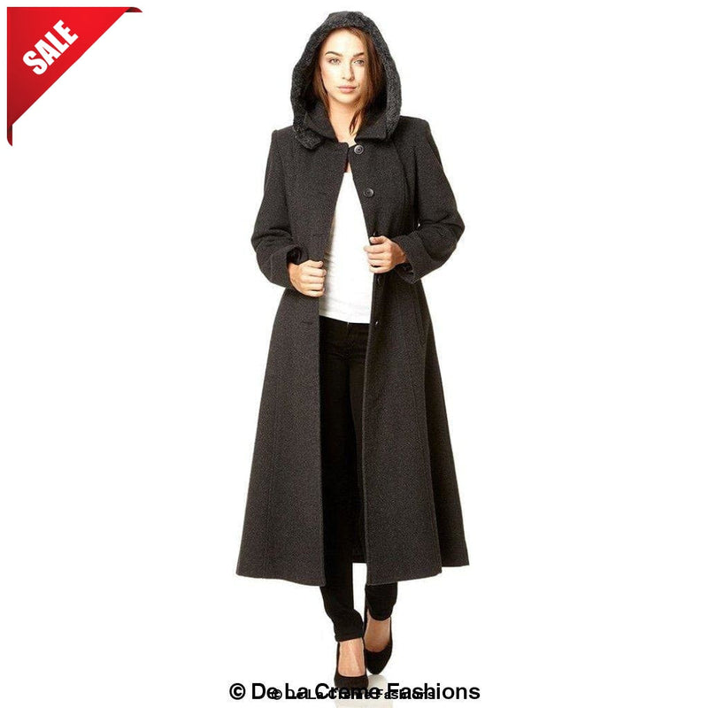 Wool Blend Faux Fur Trim Hooded Long Coat