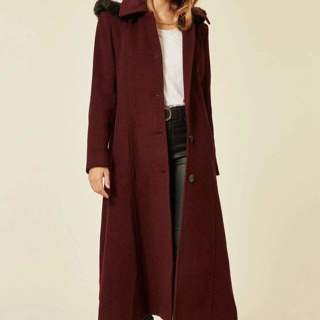 Wool Blend Faux Fur Trim Hooded Long Coat