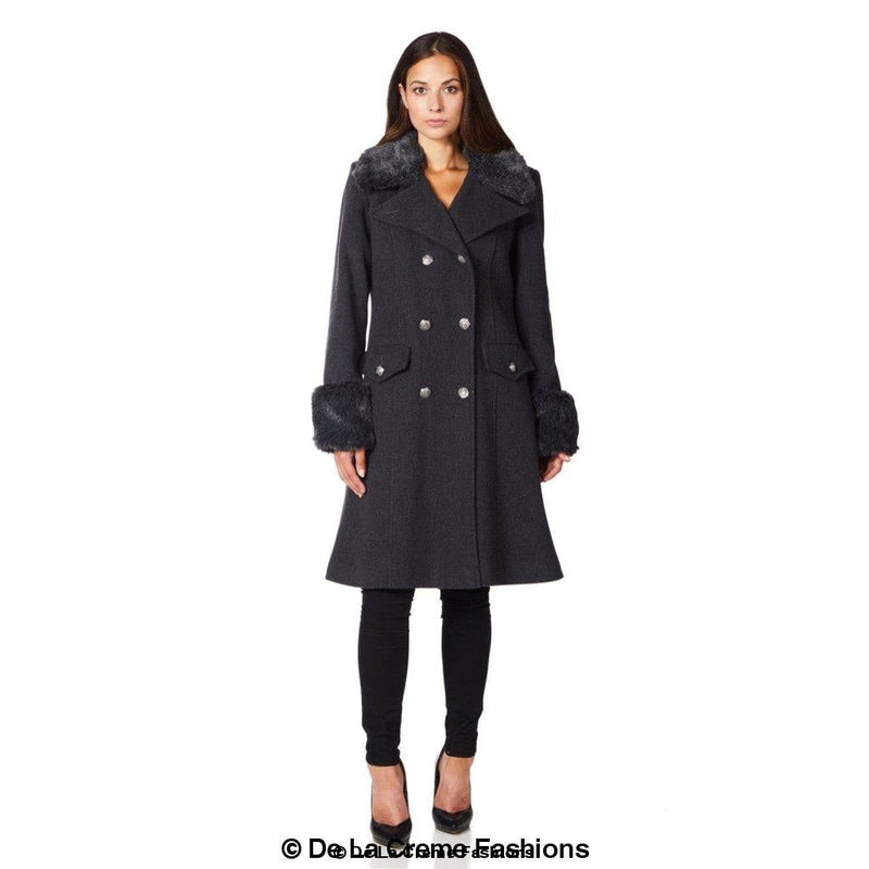 De La Creme - Womens Wool Blend Faux Fur Trim Midi Coat