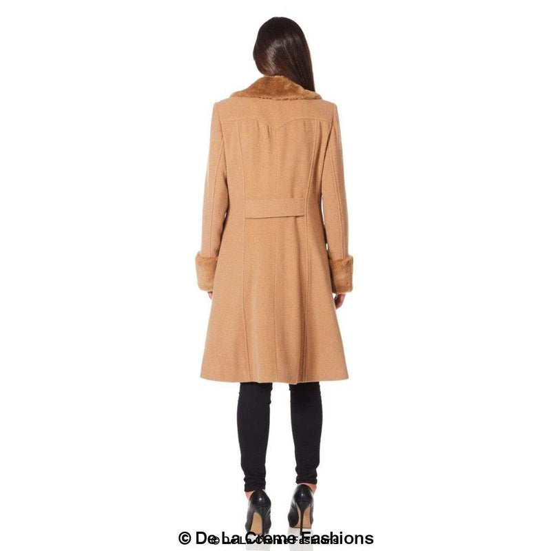 De La Creme - Womens Wool Blend Faux Fur Trim Midi Coat