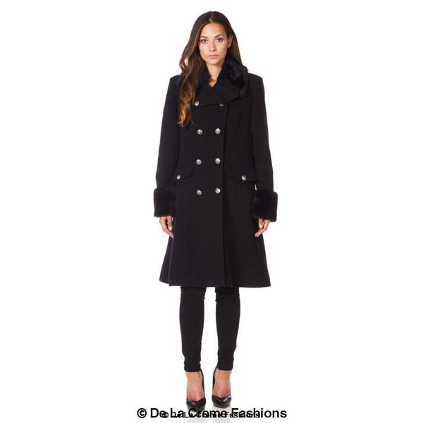 De La Creme - Womens Wool Blend Faux Fur Trim Midi Coat