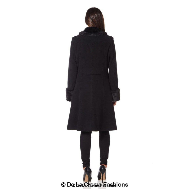 De La Creme - Womens Wool Blend Faux Fur Trim Midi Coat