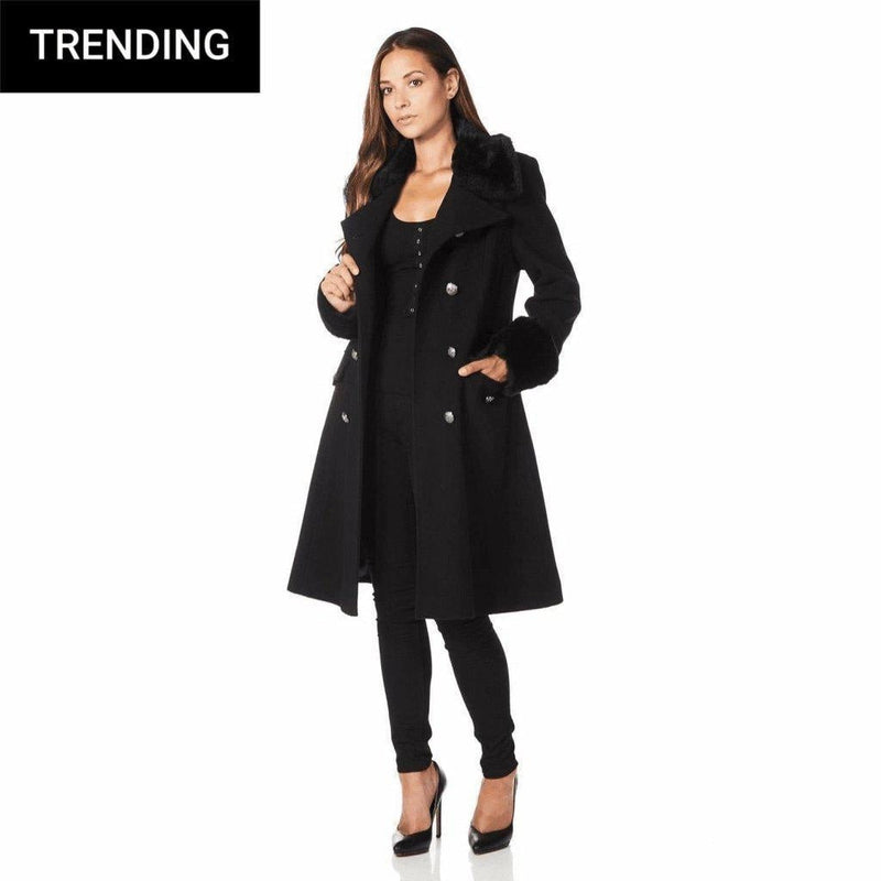 De La Creme - Womens Wool Blend Faux Fur Trim Midi Coat