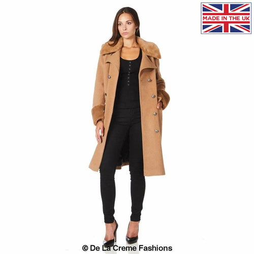 De La Creme - Womens Wool Blend Faux Fur Trim Midi Coat