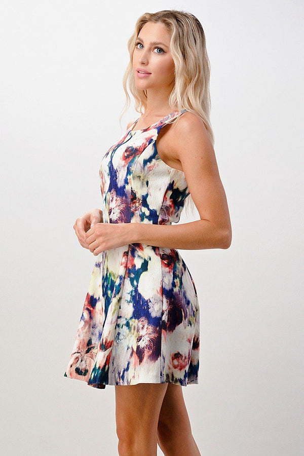 Sleeveless A-Line Dress with Watercolor Floral Print