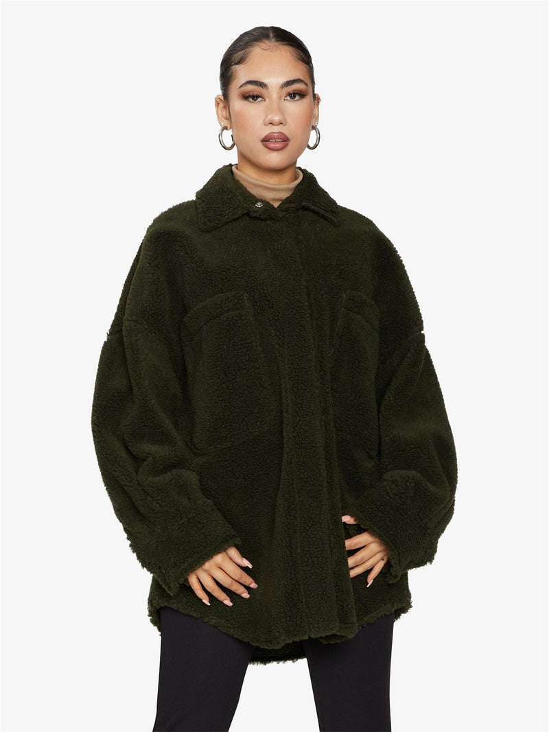 Oversized Patch Pocket Borg Teddy Shacket