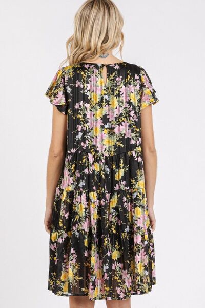 Mittoshop Flower Print Round Neck Flutter Sleeve Tiered Dress