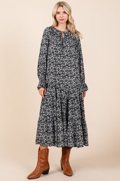 Mittoshop Printed Tie Neck Flounce Sleeve Midi Dress