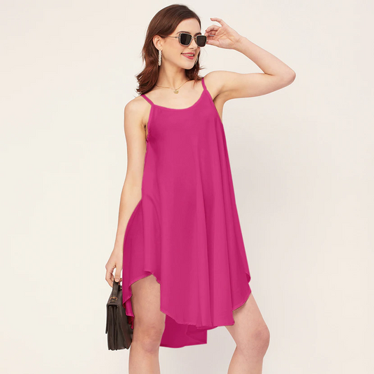 Women Solid Sleevless Asymmetric Dress (Size-M) (Color-PINK)