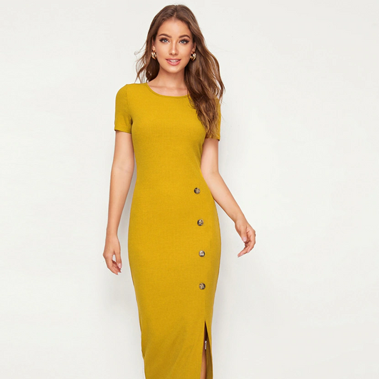 Women Mustard Solid Bodycon Dress (Size-S) (Color-MUSTARD)