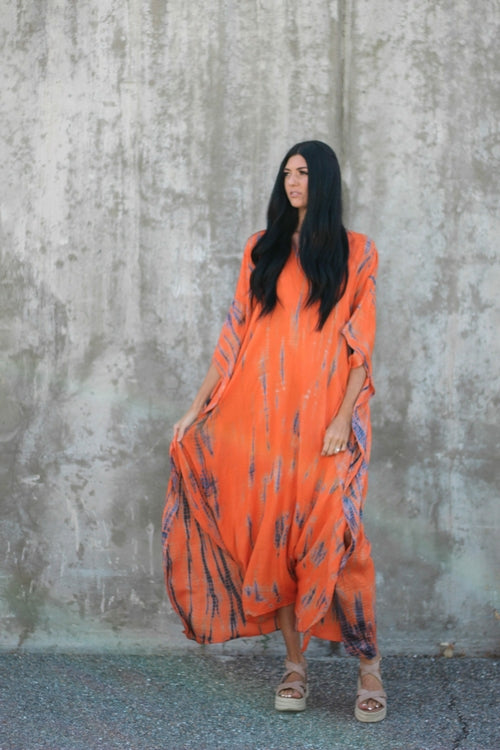 Hand-Dyed Tie-Dye Orange Maxi Kaftan Dress with Pockets – Loose Fit,