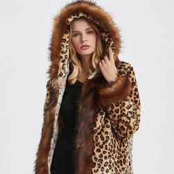 Womens Leopard Print Hooded Faux Fur Collar Jacket